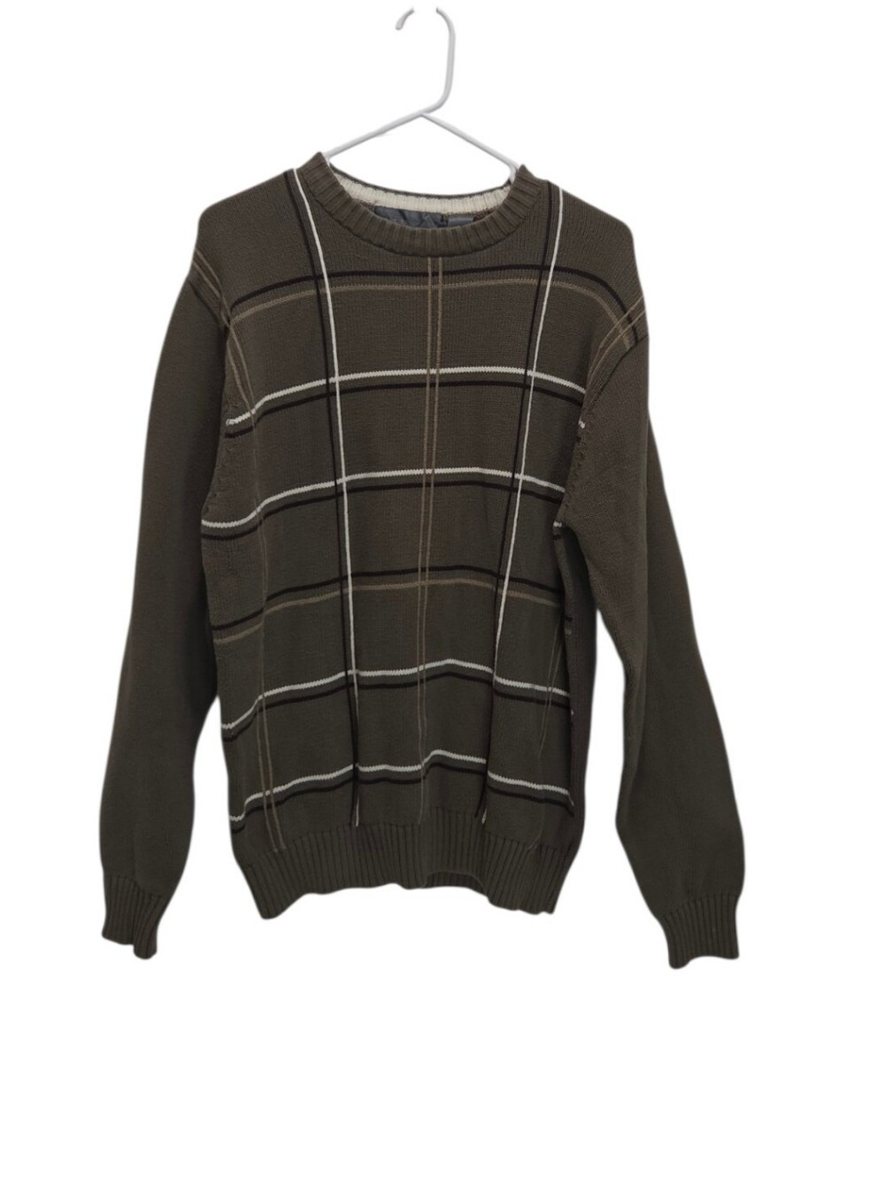 Oscar de la Renta Mens L Olive Plaid 100% Cotton Crewneck Pullover Sweater
